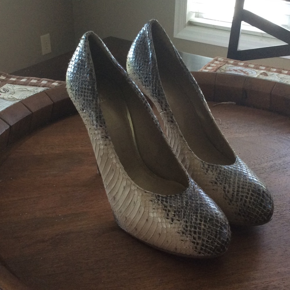 Snake pattern leather pumps by Stewart Weizmann