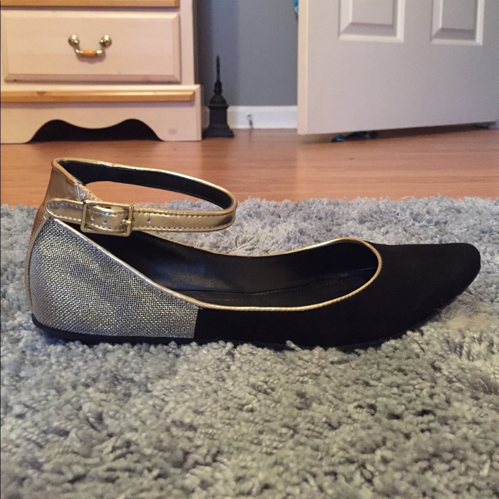 Black and Gold BCBG Ankle Strap Flats