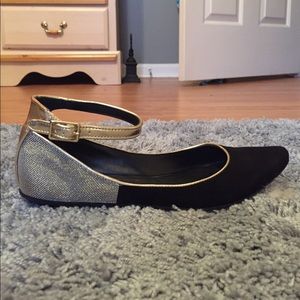 Black and Gold BCBG Ankle Strap Flats