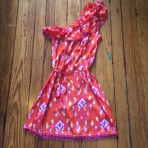 One sleeve pink and orange sundress