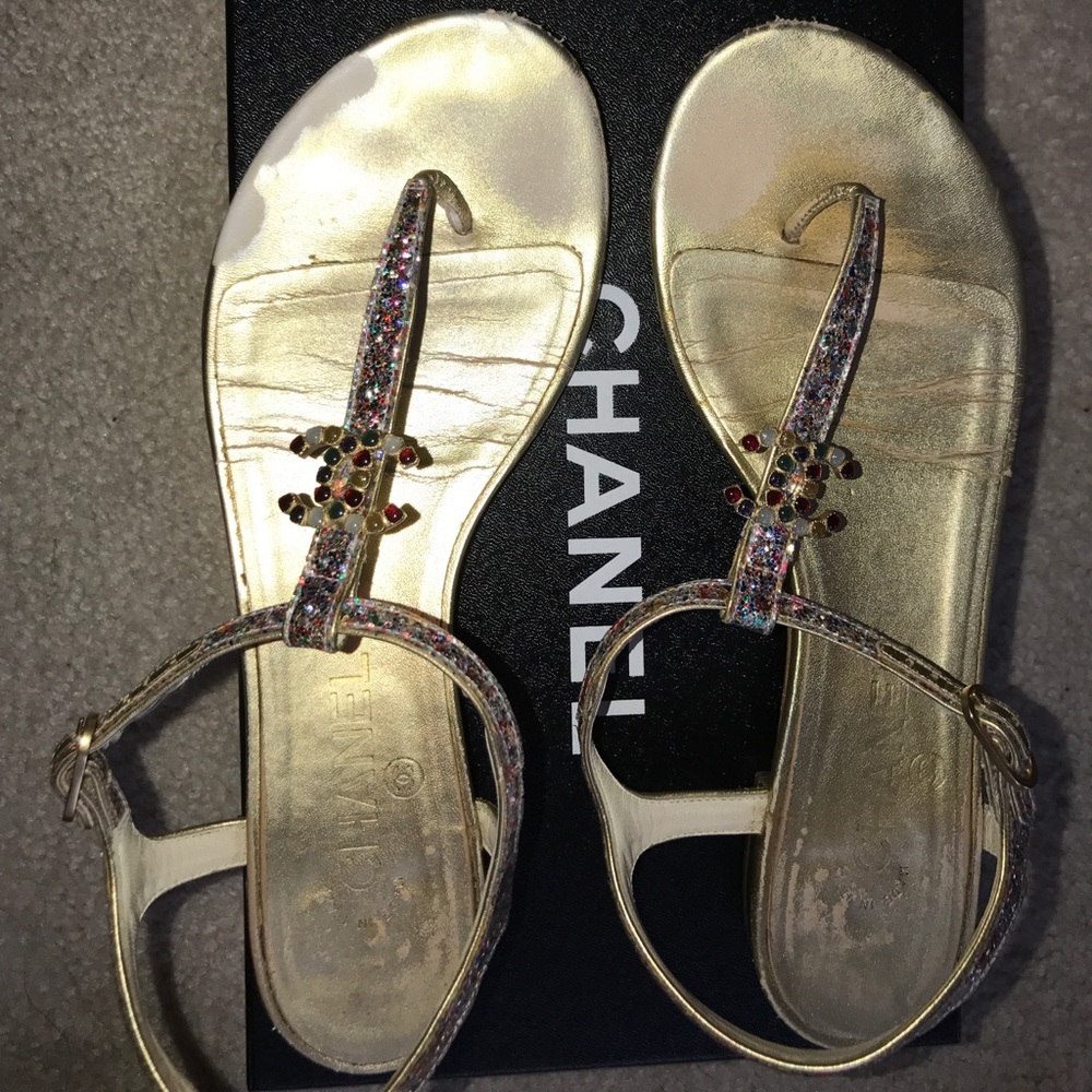 Chanel rainbow sparkle flat sandal.
