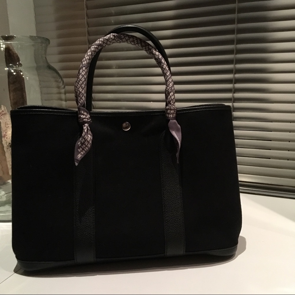 Hermes Black Leather Canvas Garden Party Tote Bag