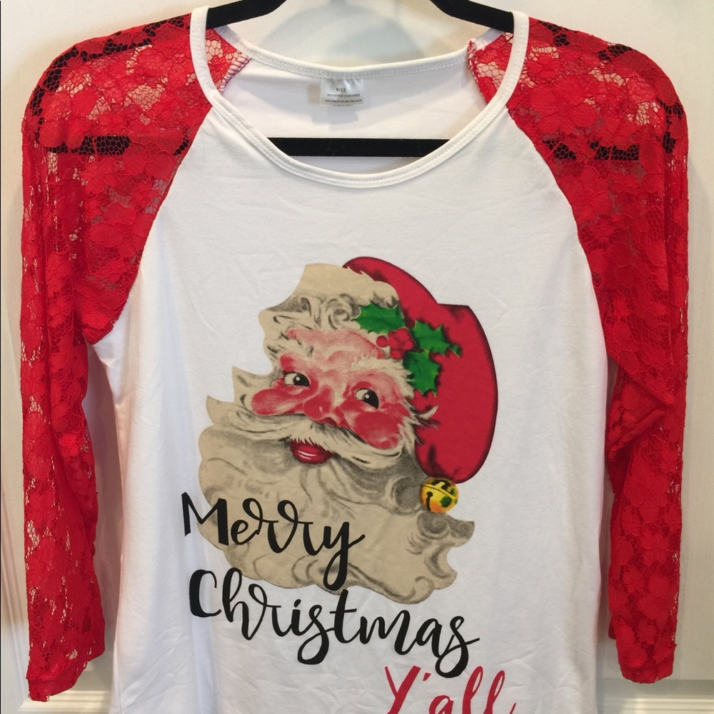 Raglan Santa Claus Stretch Red Lace Tee S/M NEW!