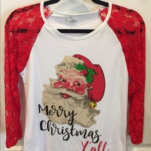 Raglan Santa Claus Stretch Red Lace Tee S/M NEW!