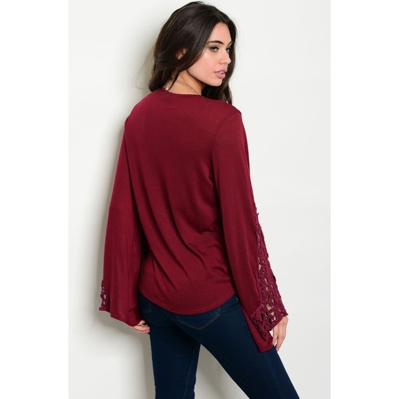 Bell sleeve wrap knit top or light sweater Wine - Picture 3 of 7