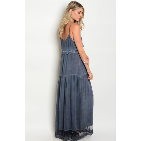Stone washed maxi dress lace hem detail blue - Picture 3 of 6