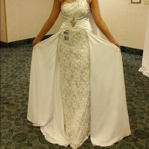 White satin and lace beaded pageant gown