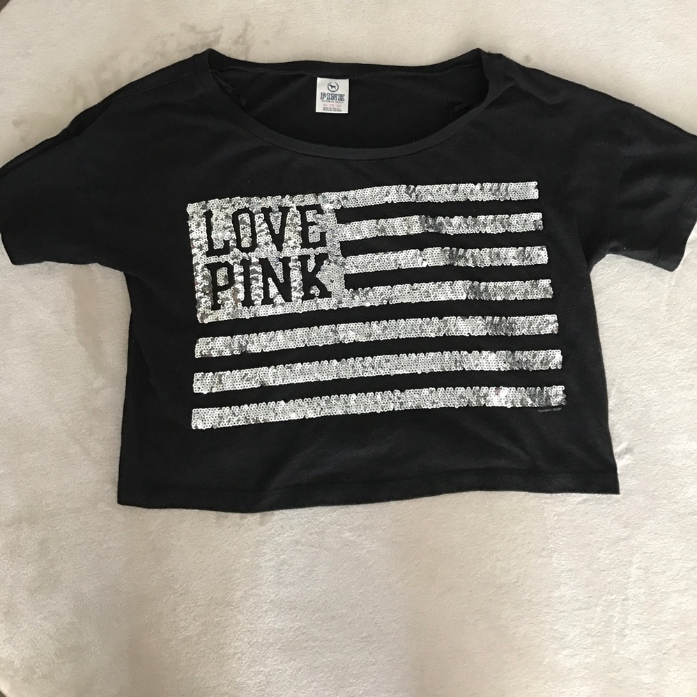 VS PINK sequin American flag crop tee