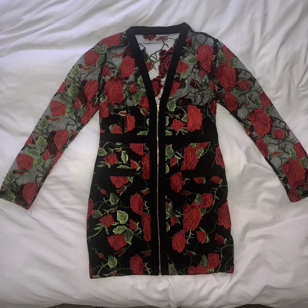 Black and red embroidered mini dress w/ front zip