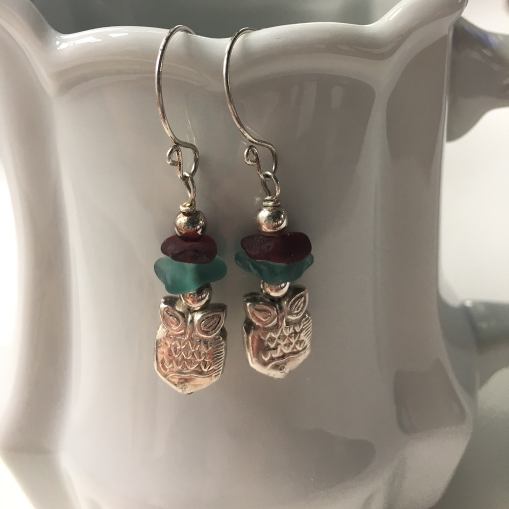 Sea Glass & Sterling Silver Fish Earrings