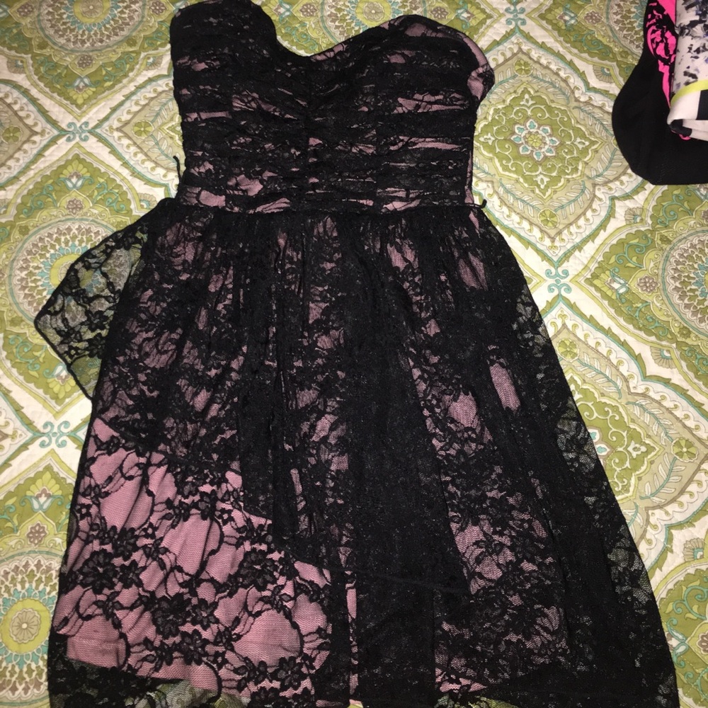 Pink and black lace mini dress