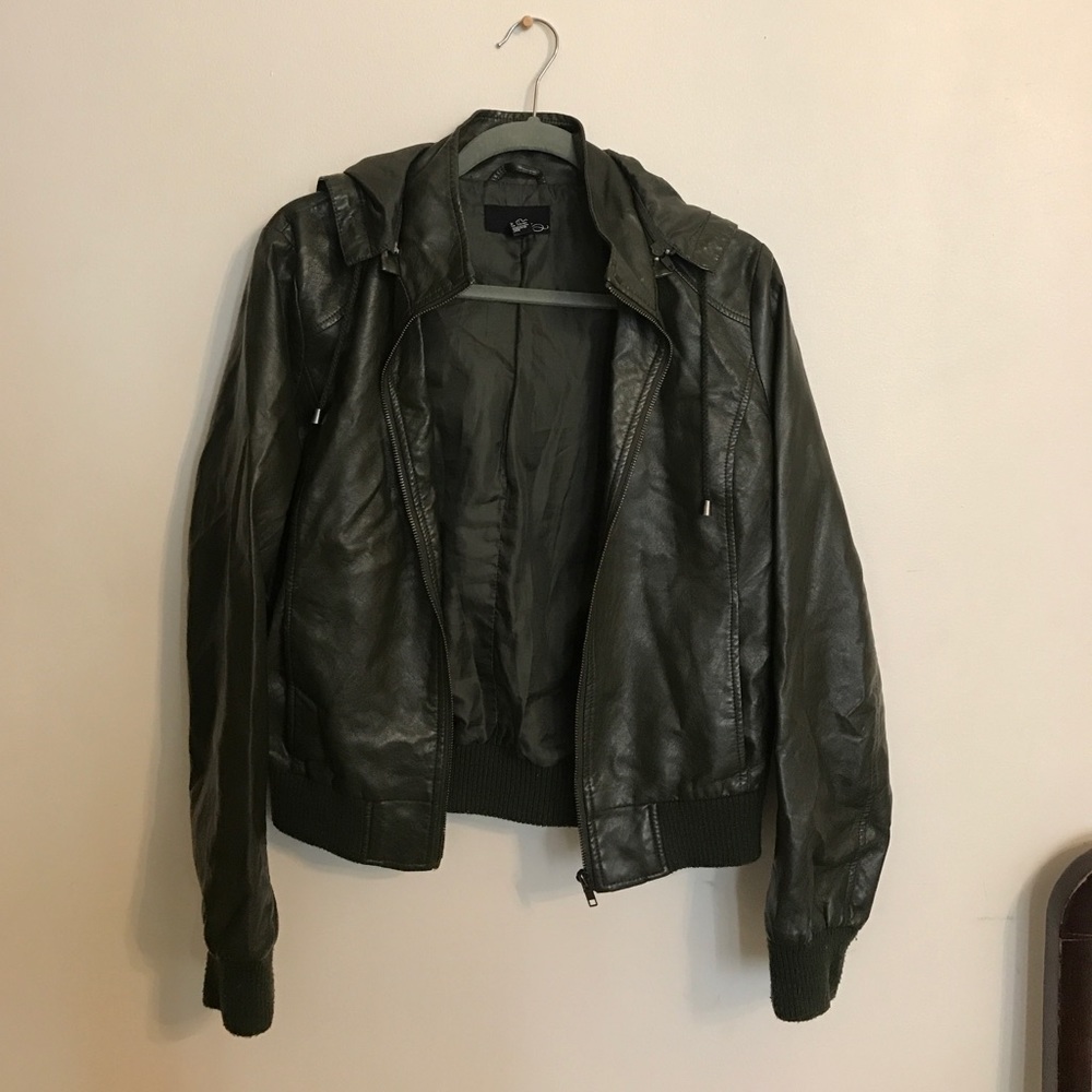 Green faux hooded leather jacket