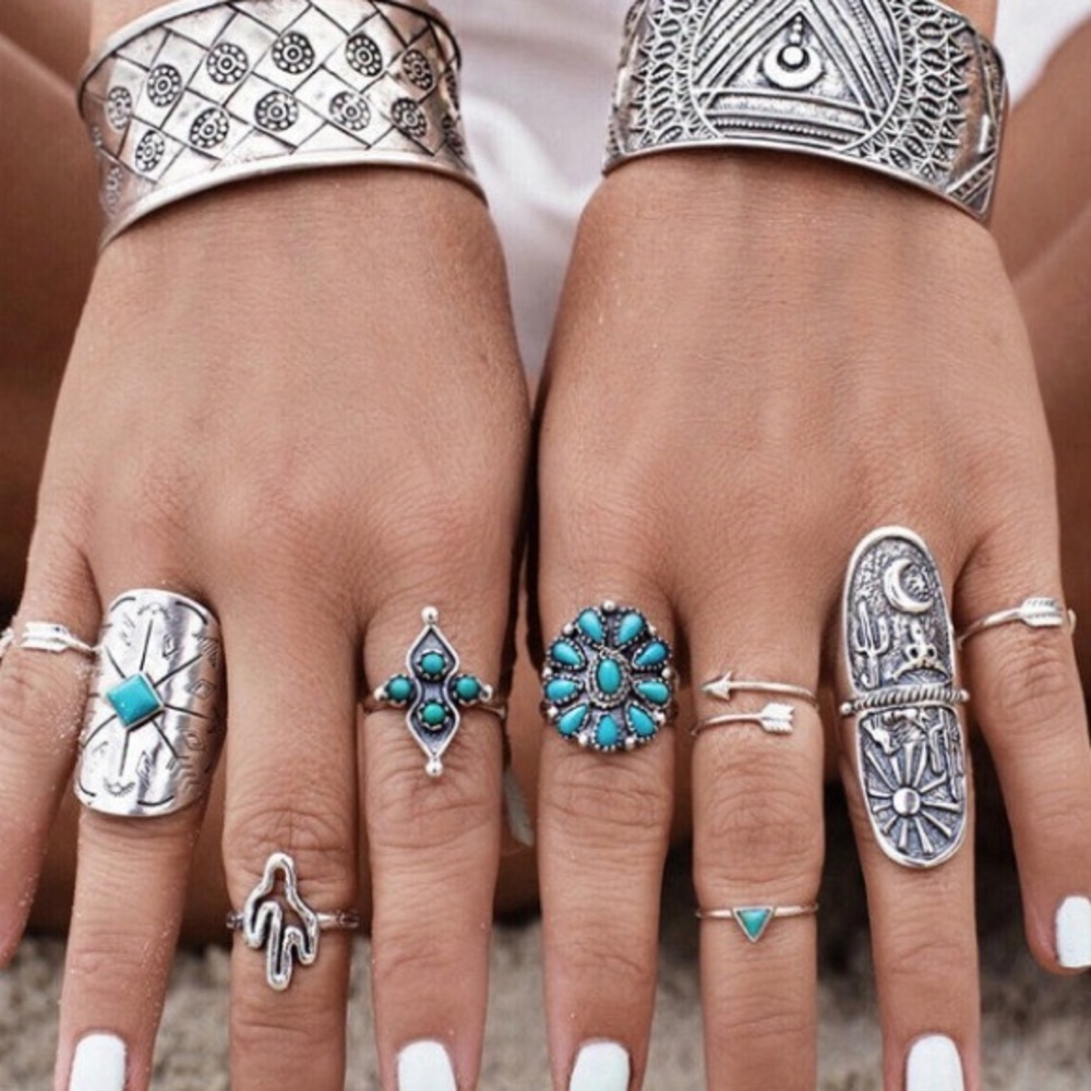 Set of 9 Bohemian Teal & Silver Rings