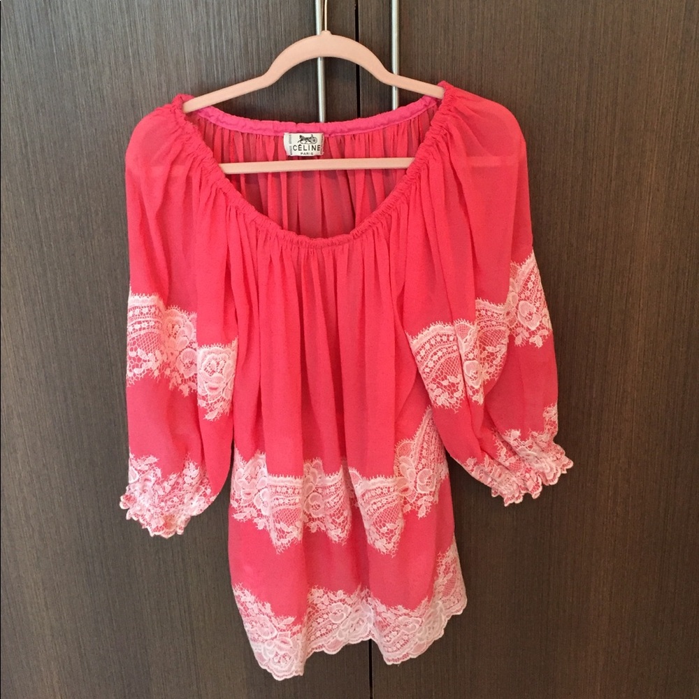 CÉLINE Flowy Pink Top With White Lace Accents