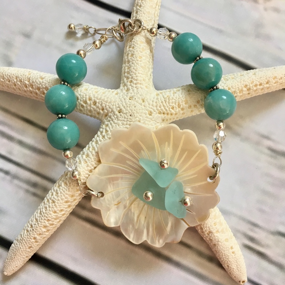 Sterling Silver Sea Glass and Shell Bracelet