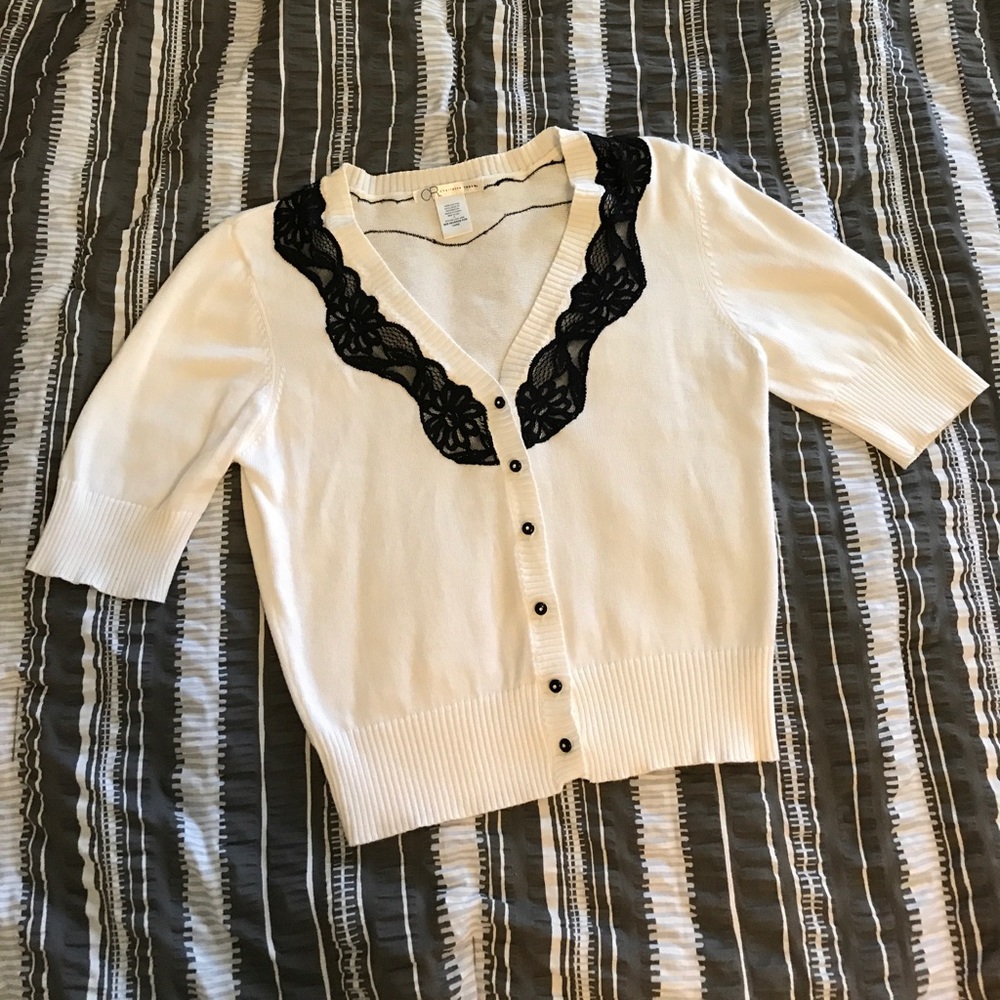 White & Black Lace Short Sleeve Cardigan