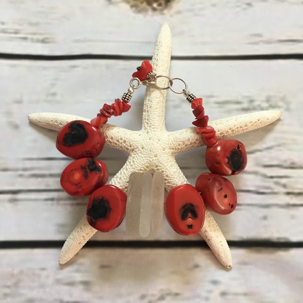 Red Coral Sterling Silver Sea Glass Bracelet