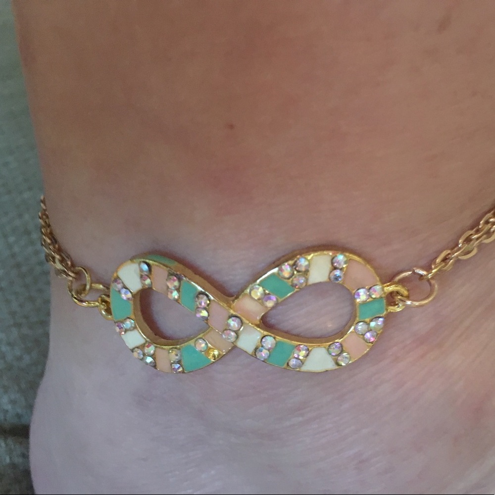 Rhinestone and enamel infinity ankle bracelet