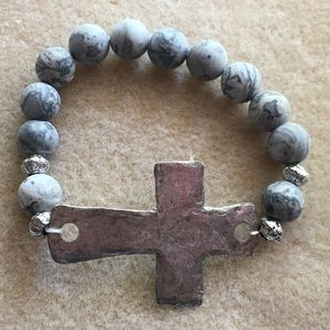 Silver Cross Bracelet with grey natural stones.