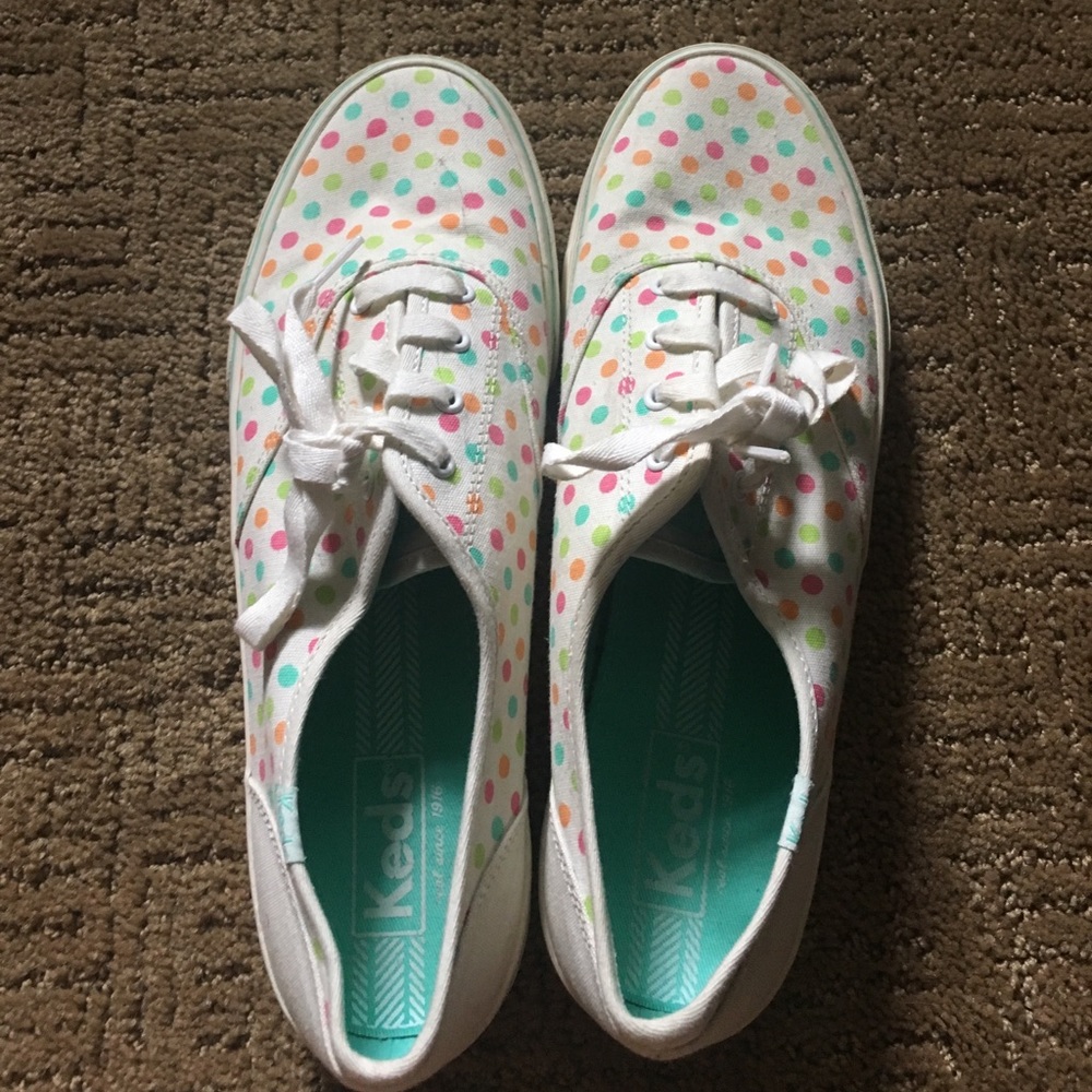 White & multicolor polka dot Keds