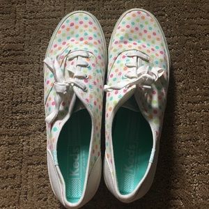 White & multicolor polka dot Keds