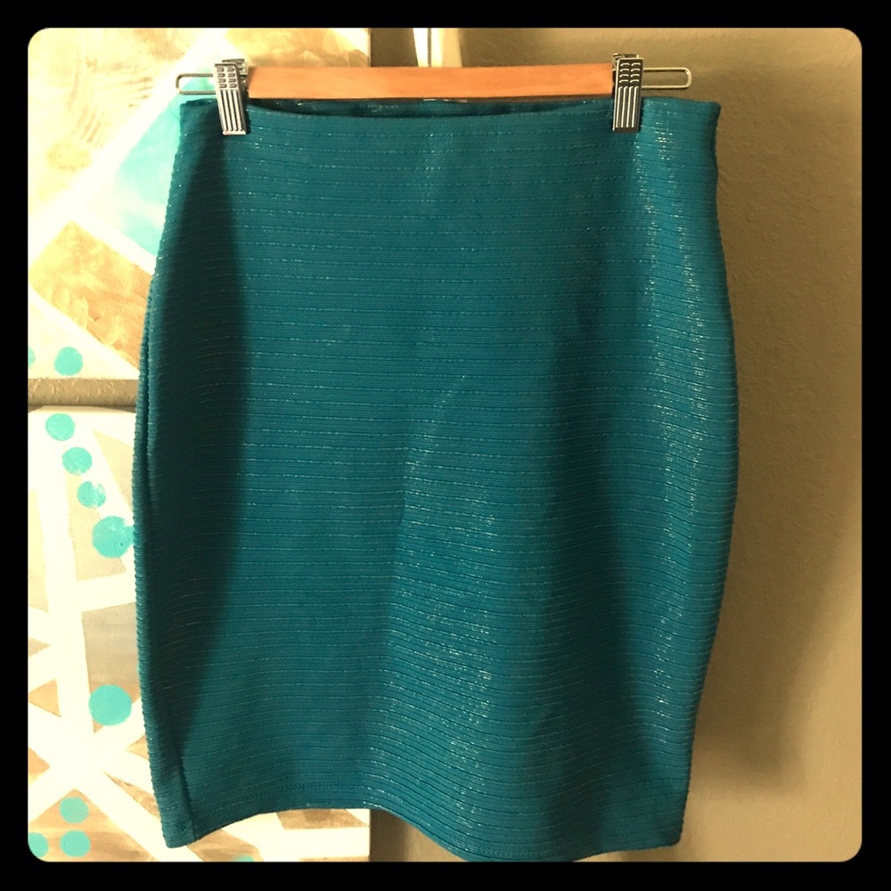 Teal & Metallic Gold Above-the-Knee Pencil Skirt