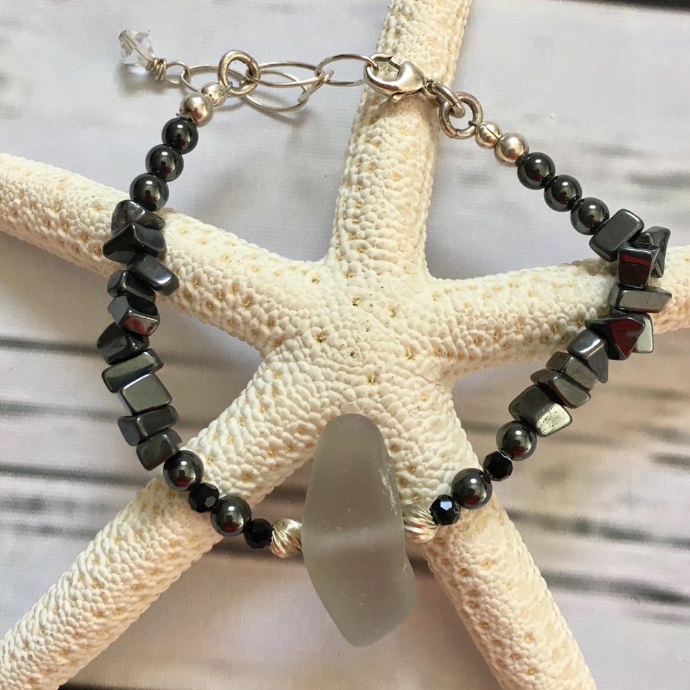 Hematite and Sea Glass Sterling Silver Bracelet