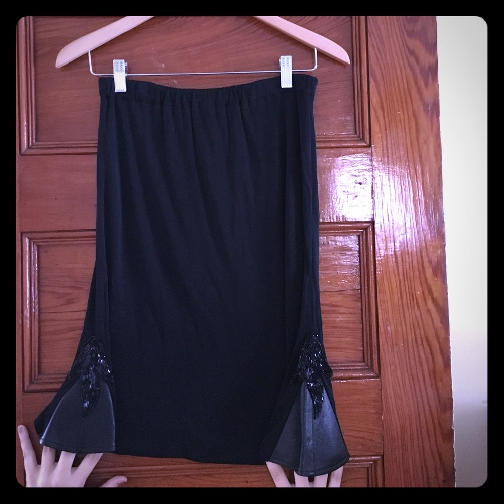 Vintage black mid-lngth skirt, leather/bead detail