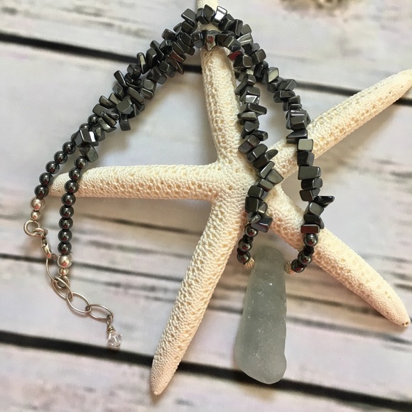 Hematite and Sea Glass Sterling Silver Necklace - Picture 1 of 8
