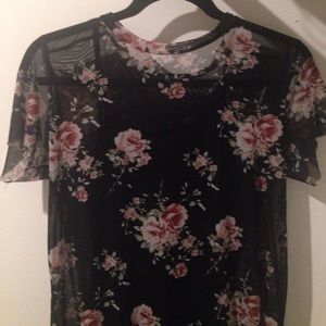 Sheer mock-neck floral black pink rose dress