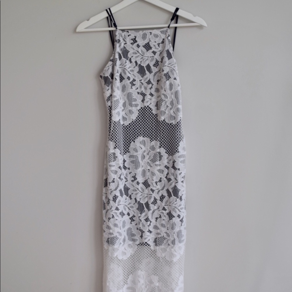 ASOS white lace midi dress with navy underlay