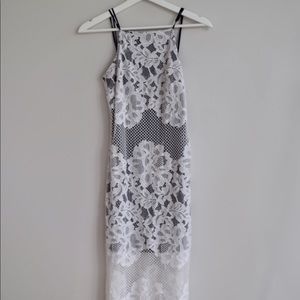 ASOS white lace midi dress with navy underlay