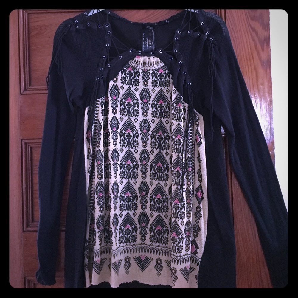 Free people black gauze top, ethnic laces detail