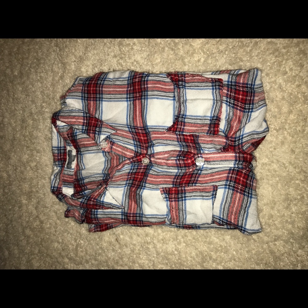 Red white blue button up flannel with open back