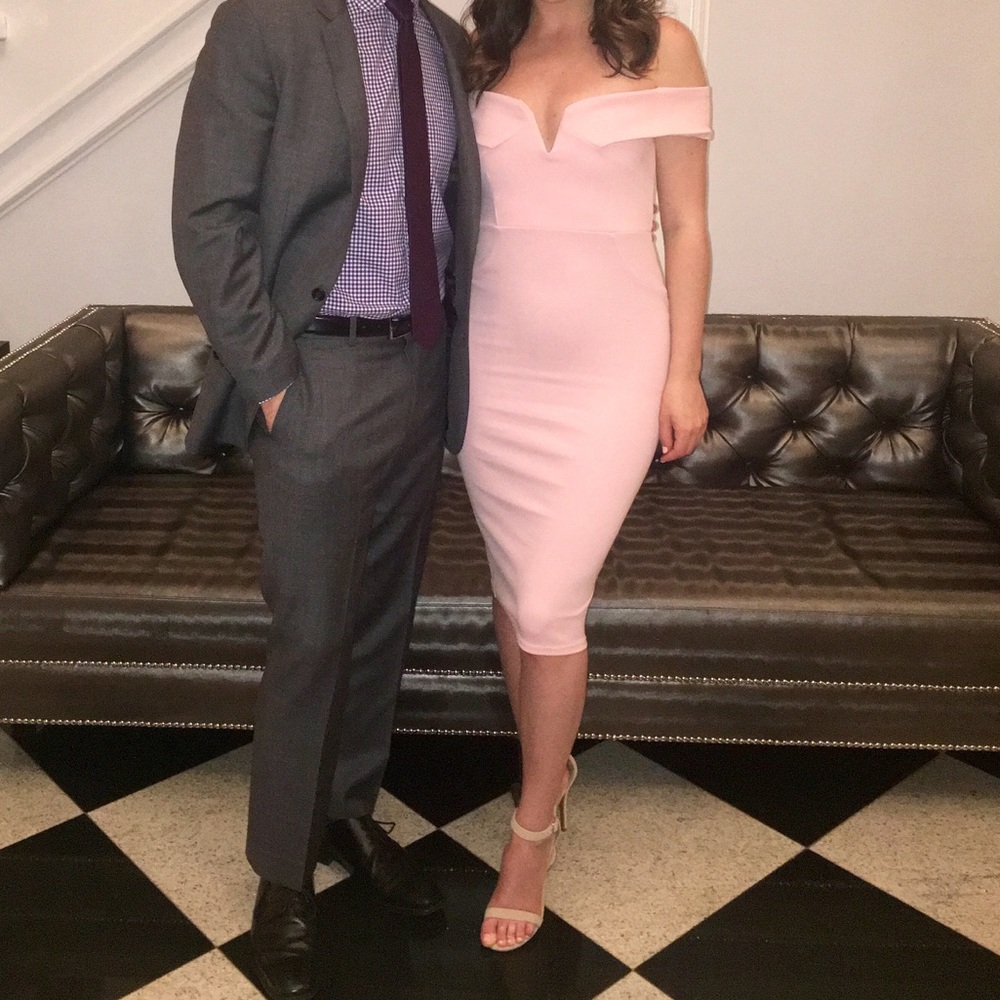 Pink Off the Shoulder Body-con Midi Dress