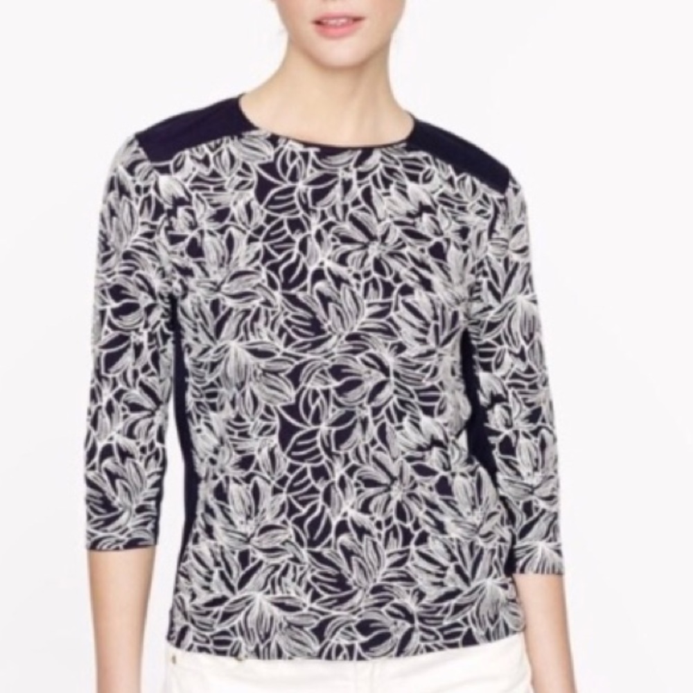 J. Crew Embroidered Floral Navy and White Top