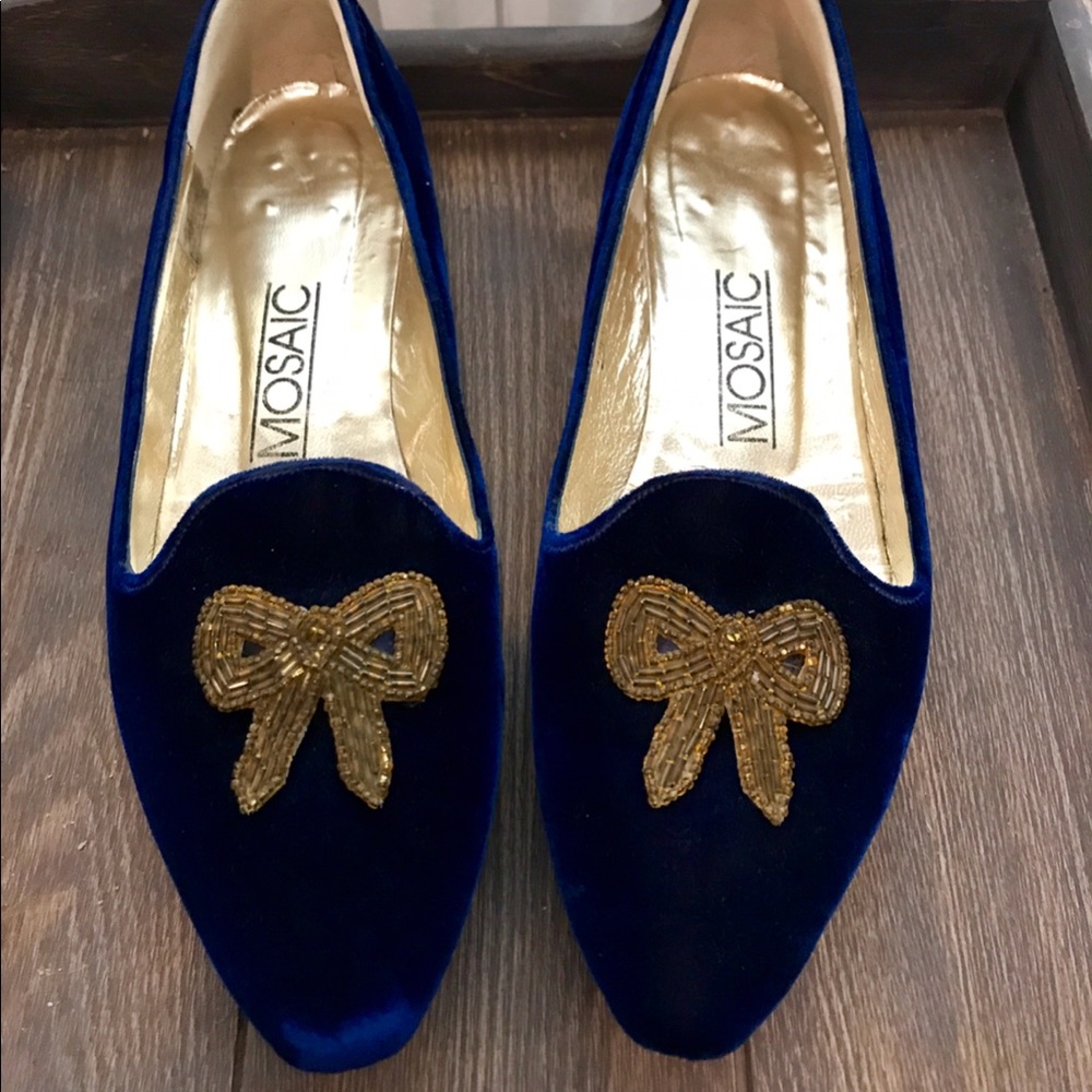 Vintage Blue Velvet Flats with Beaded Bow Accent