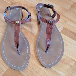 Ralph Lauren brown cognac leather T-strap sandals