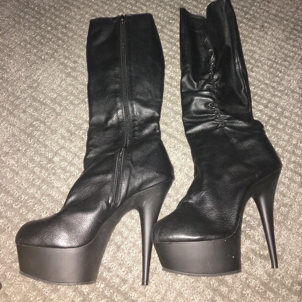 Black mid calf leather boots