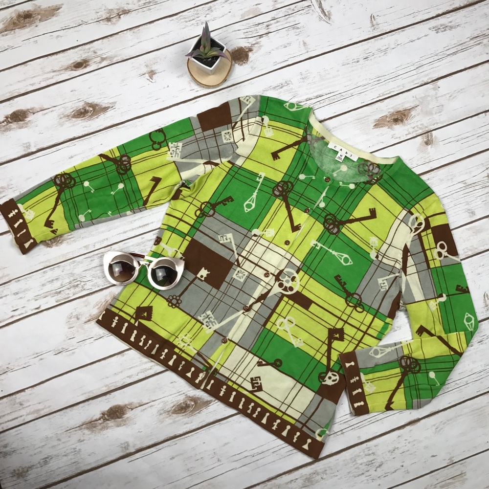 SOLD CAbi Lime Chocolate Antique Key Knit 3/4 Card - Picture 1 of 5
