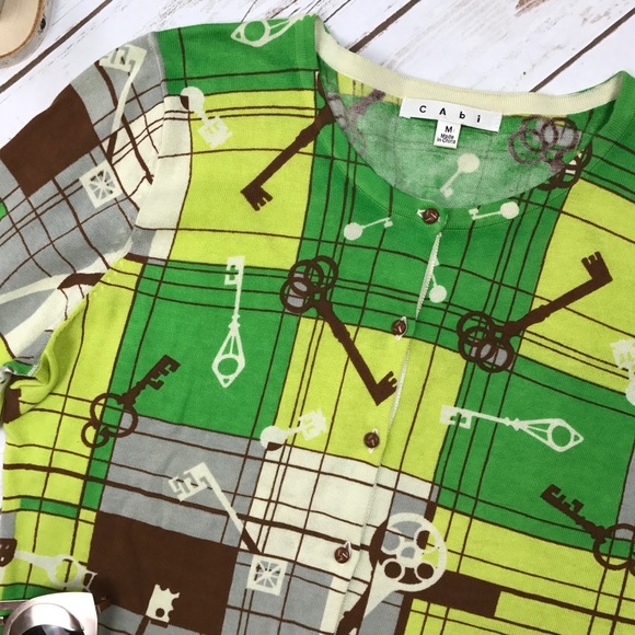 SOLD CAbi Lime Chocolate Antique Key Knit 3/4 Card - Picture 3 of 5