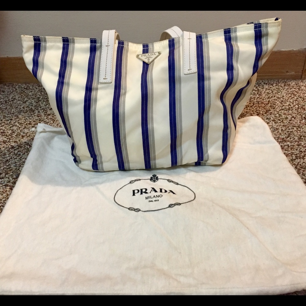 AUTHENTIC PRADA Blue Striped Handbag *GREAT CNDTN*