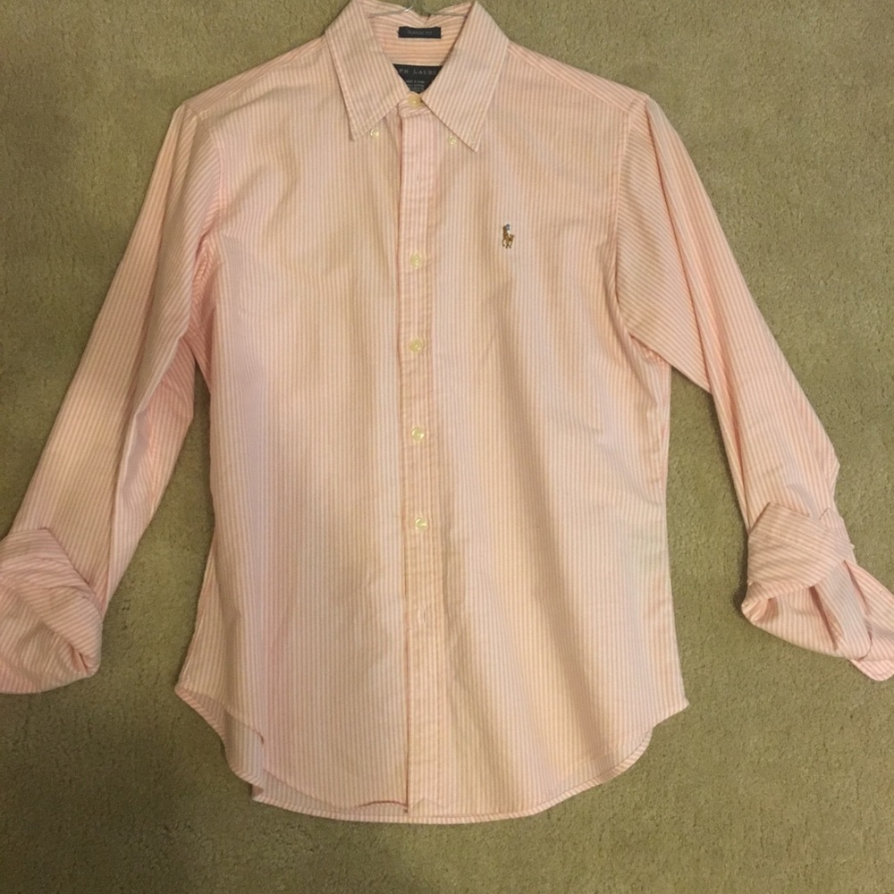 Pink and white striped women's polo button down