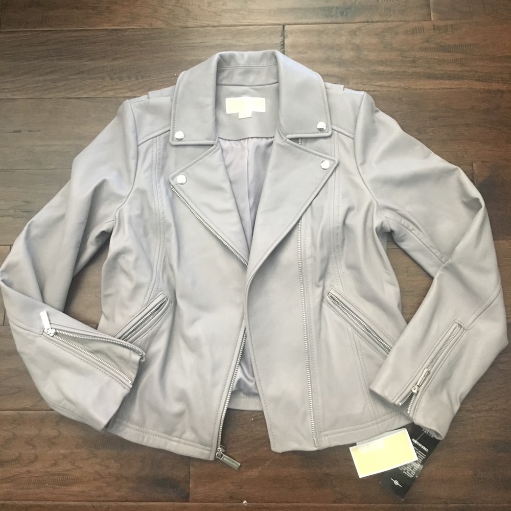 NEW Michael Kors Leather Light Gray Moto Jacket M - Picture 1 of 7