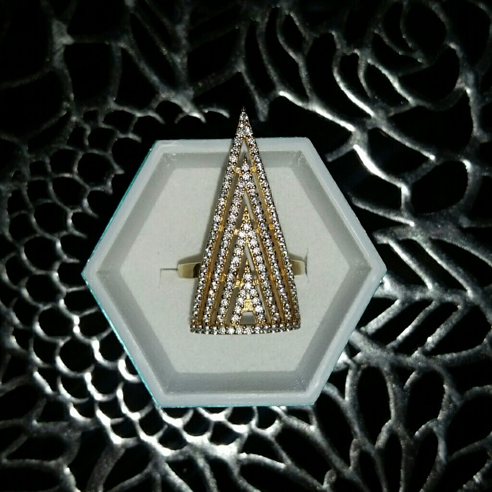Gold Sterling Silver & CZ Crystal Ring Size 7