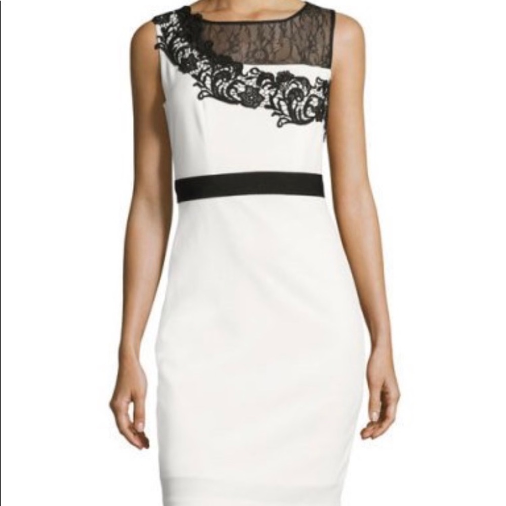 JAX
Lace-Yoke Sleeveless Sheath Dress, White/Black