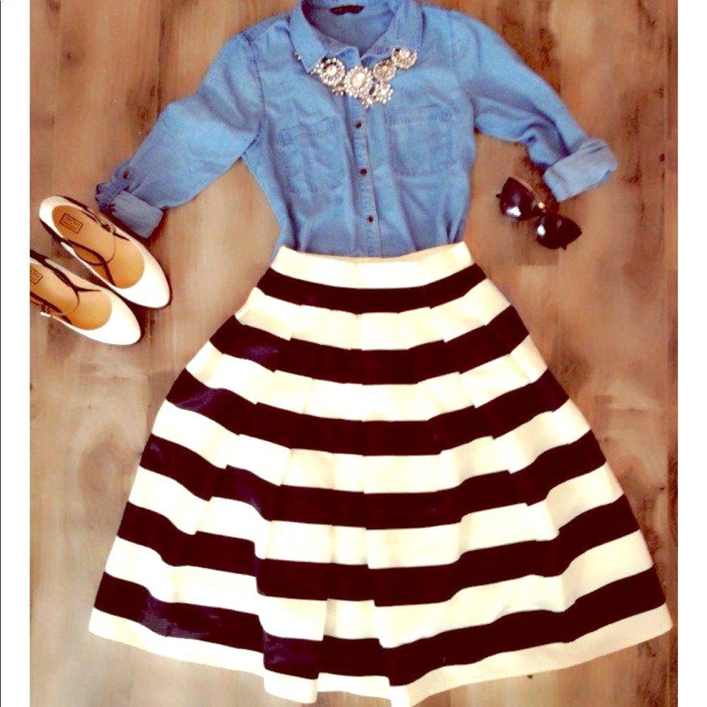black & white striped midi skirt