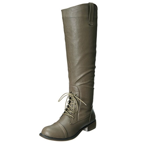 Military Green Half Laced Knee High Combat Boots - Picture 2 of 6