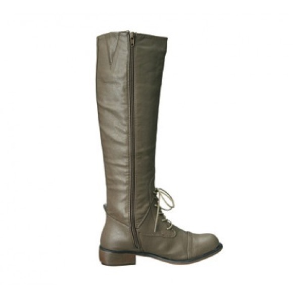 Military Green Half Laced Knee High Combat Boots - Picture 3 of 6