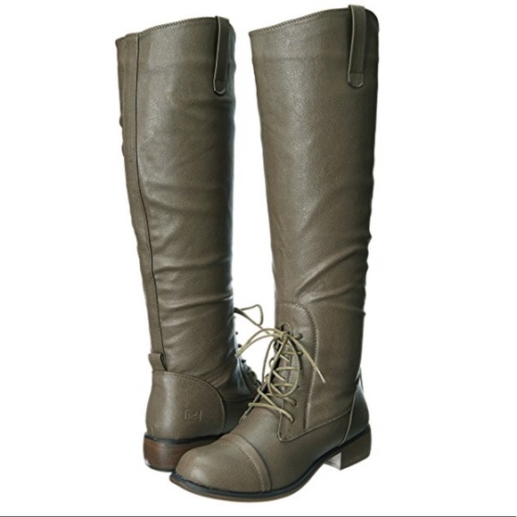 Military Green Half Laced Knee High Combat Boots - Picture 4 of 6